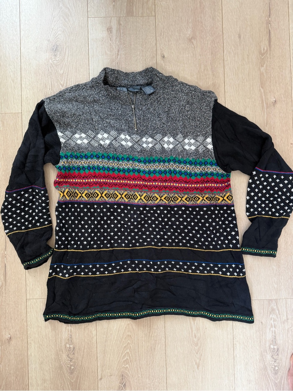Vintage Liz Wear Style Fair Isle Quarter Zip Sweater Mixed Pattern Multicolor Me